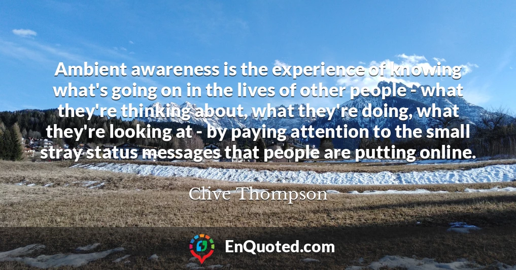 Ambient awareness is the experience of knowing what's going on in the lives of other people - what they're thinking about, what they're doing, what they're looking at - by paying attention to the small stray status messages that people are putting online.