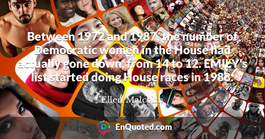 Between 1972 and 1987, the number of Democratic women in the House had actually gone down, from 14 to 12. EMILY's list started doing House races in 1988.