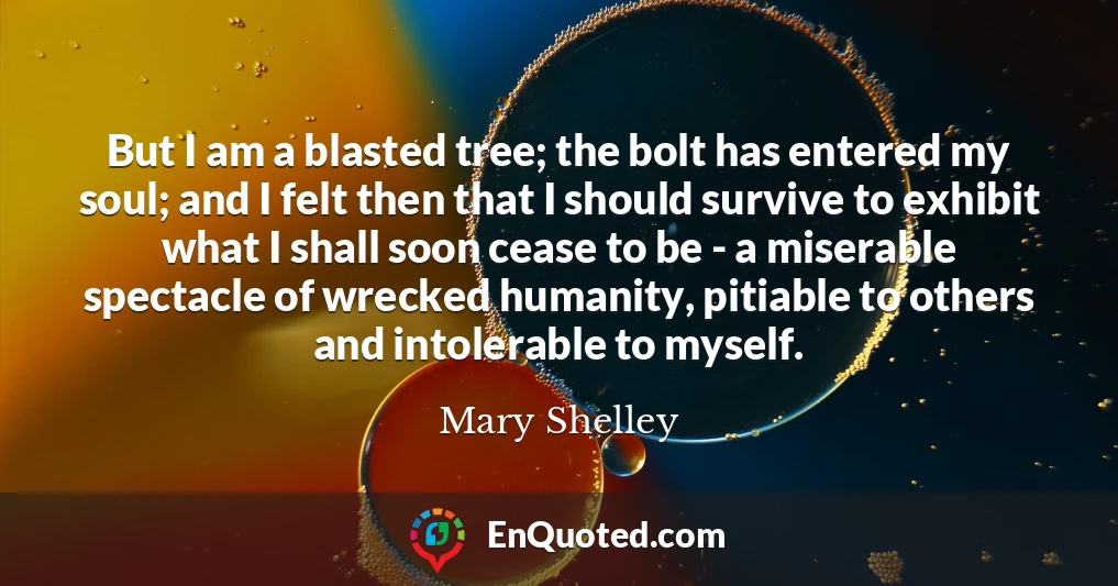 But I am a blasted tree; the bolt has entered my soul; and I felt then that I should survive to exhibit what I shall soon cease to be - a miserable spectacle of wrecked humanity, pitiable to others and intolerable to myself.