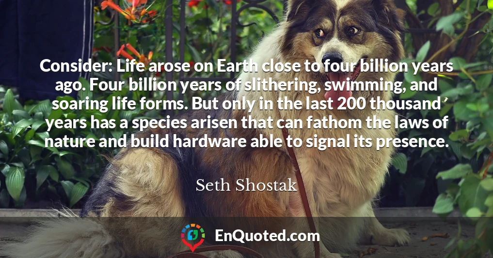 Consider: Life arose on Earth close to four billion years ago. Four billion years of slithering, swimming, and soaring life forms. But only in the last 200 thousand years has a species arisen that can fathom the laws of nature and build hardware able to signal its presence. Consider: Life arose on Earth close to four billion years ago. Four billion years of slithering, swimming, and soaring life forms. But only in the last 200 thousand years has a species arisen that can fathom the laws of nature and build hardware able to signal its presence.