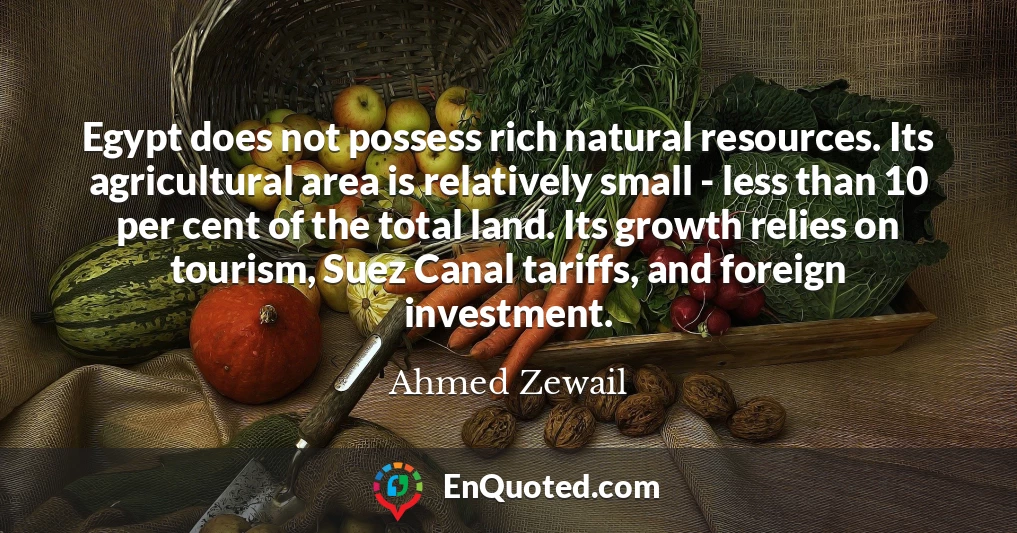 Egypt does not possess rich natural resources. Its agricultural area is relatively small - less than 10 per cent of the total land. Its growth relies on tourism, Suez Canal tariffs, and foreign investment. Egypt does not possess rich natural resources. Its agricultural area is relatively small - less than 10 per cent of the total land. Its growth relies on tourism, Suez Canal tariffs, and foreign investment.