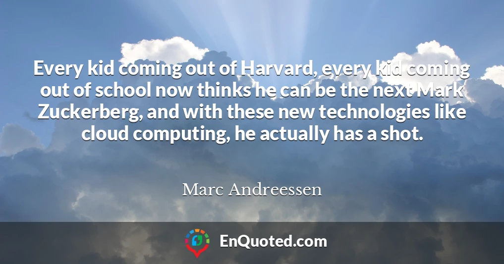 Every kid coming out of Harvard, every kid coming out of school now thinks he can be the next Mark Zuckerberg, and with these new technologies like cloud computing, he actually has a shot. Every kid coming out of Harvard, every kid coming out of school now thinks he can be the next Mark Zuckerberg, and with these new technologies like cloud computing, he actually has a shot.