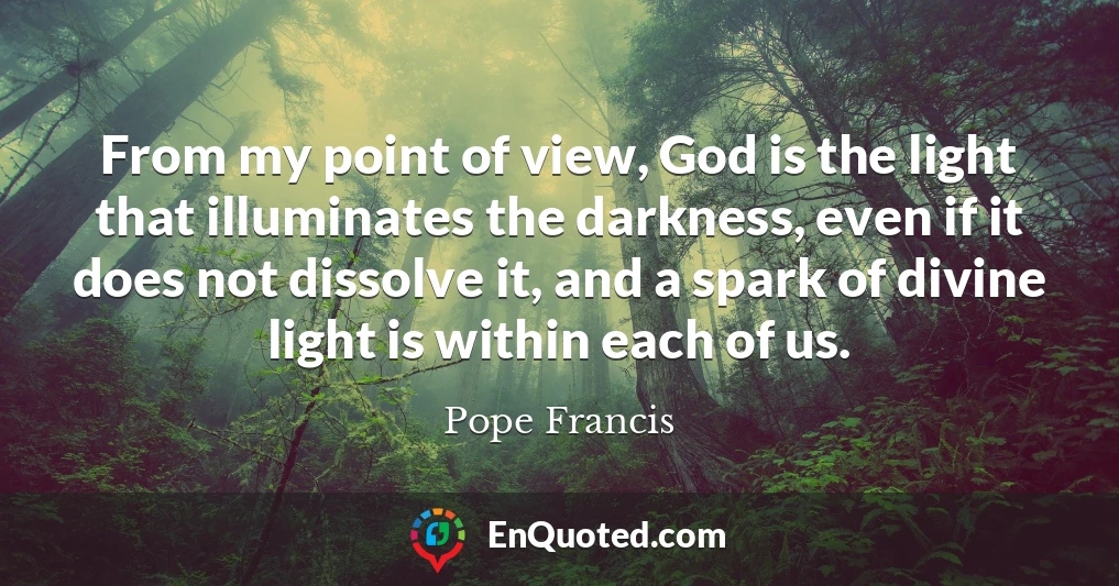 From my point of view, God is the light that illuminates the darkness, even if it does not dissolve it, and a spark of divine light is within each of us. From my point of view, God is the light that illuminates the darkness, even if it does not dissolve it, and a spark of divine light is within each of us.