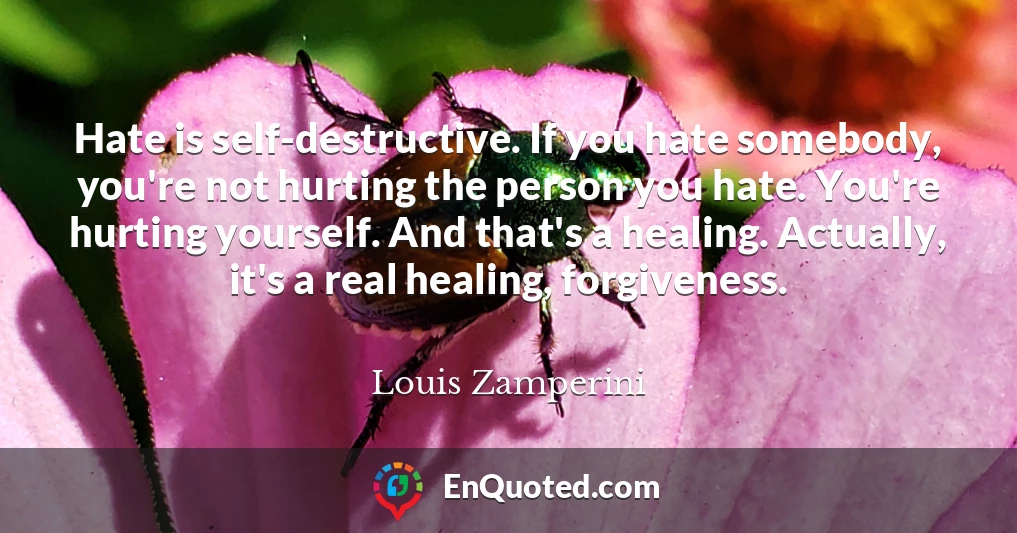 Hate is self-destructive. If you hate somebody, you're not hurting the person you hate. You're hurting yourself. And that's a healing. Actually, it's a real healing, forgiveness.