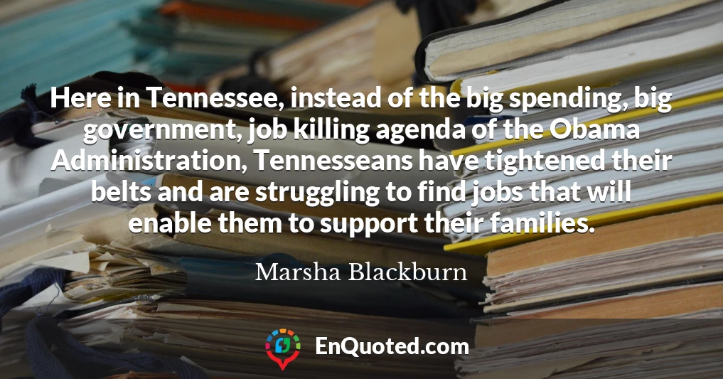 Here in Tennessee, instead of the big spending, big government, job killing agenda of the Obama Administration, Tennesseans have tightened their belts and are struggling to find jobs that will enable them to support their families.