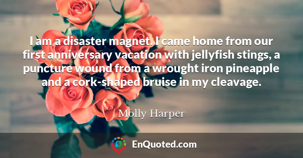 I am a disaster magnet. I came home from our first anniversary vacation with jellyfish stings, a puncture wound from a wrought iron pineapple and a cork-shaped bruise in my cleavage.