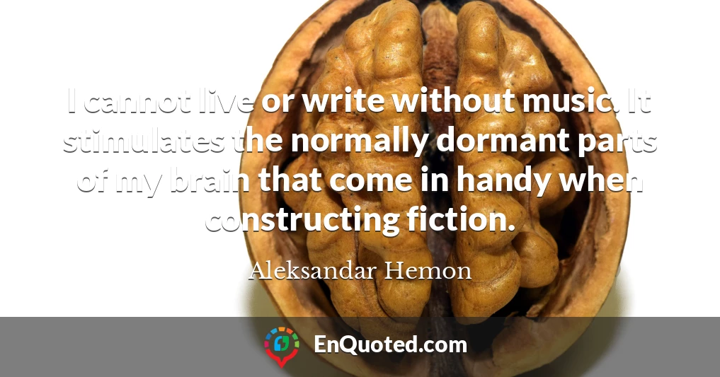 I cannot live or write without music. It stimulates the normally dormant parts of my brain that come in handy when constructing fiction. I cannot live or write without music. It stimulates the normally dormant parts of my brain that come in handy when constructing fiction.