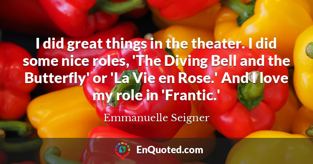 I did great things in the theater. I did some nice roles, 'The Diving Bell and the Butterfly' or 'La Vie en Rose.' And I love my role in 'Frantic.'