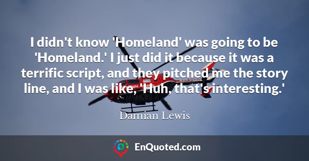 I didn't know 'Homeland' was going to be 'Homeland.' I just did it because it was a terrific script, and they pitched me the story line, and I was like, 'Huh, that's interesting.' I didn't know 'Homeland' was going to be 'Homeland.' I just did it because it was a terrific script, and they pitched me the story line, and I was like, 'Huh, that's interesting.'