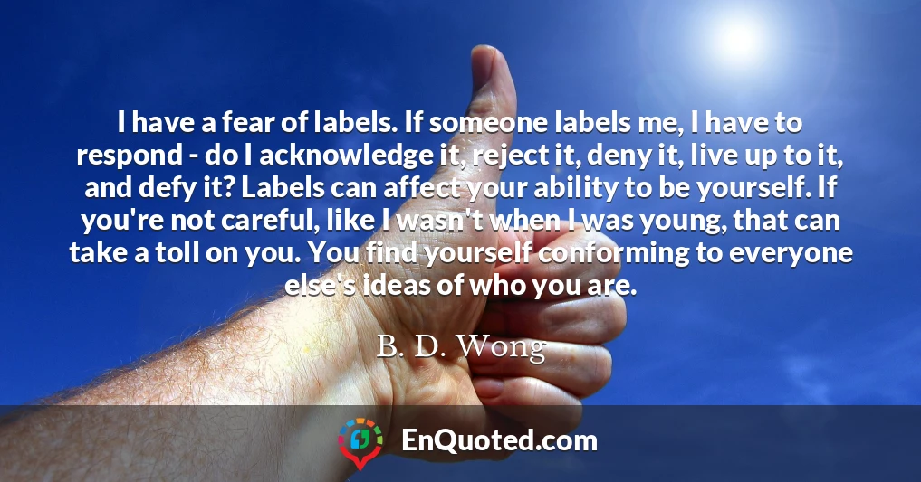 I have a fear of labels. If someone labels me, I have to respond - do I acknowledge it, reject it, deny it, live up to it, and defy it? Labels can affect your ability to be yourself. If you're not careful, like I wasn't when I was young, that can take a toll on you. You find yourself conforming to everyone else's ideas of who you are.