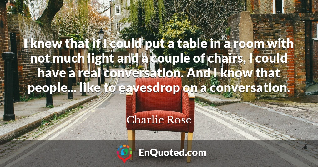 I knew that if I could put a table in a room with not much light and a couple of chairs, I could have a real conversation. And I know that people... like to eavesdrop on a conversation.