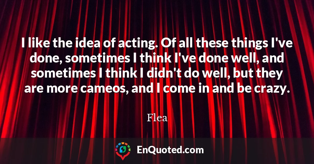I like the idea of acting. Of all these things I've done, sometimes I think I've done well, and sometimes I think I didn't do well, but they are more cameos, and I come in and be crazy. I like the idea of acting. Of all these things I've done, sometimes I think I've done well, and sometimes I think I didn't do well, but they are more cameos, and I come in and be crazy.