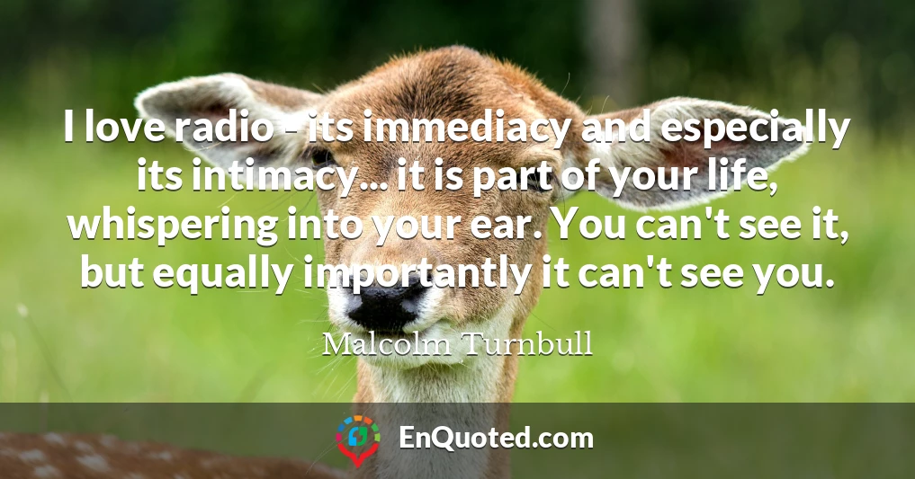 I love radio - its immediacy and especially its intimacy... it is part of your life, whispering into your ear. You can't see it, but equally importantly it can't see you.