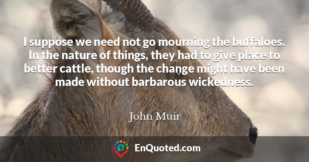 I suppose we need not go mourning the buffaloes. In the nature of things, they had to give place to better cattle, though the change might have been made without barbarous wickedness.
