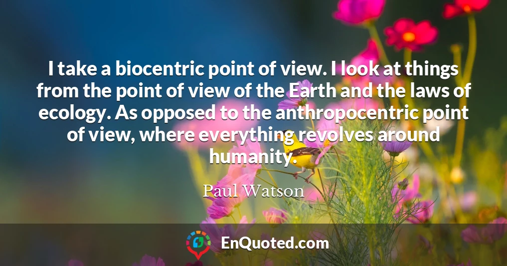 I take a biocentric point of view. I look at things from the point of view of the Earth and the laws of ecology. As opposed to the anthropocentric point of view, where everything revolves around humanity. I take a biocentric point of view. I look at things from the point of view of the Earth and the laws of ecology. As opposed to the anthropocentric point of view, where everything revolves around humanity.
