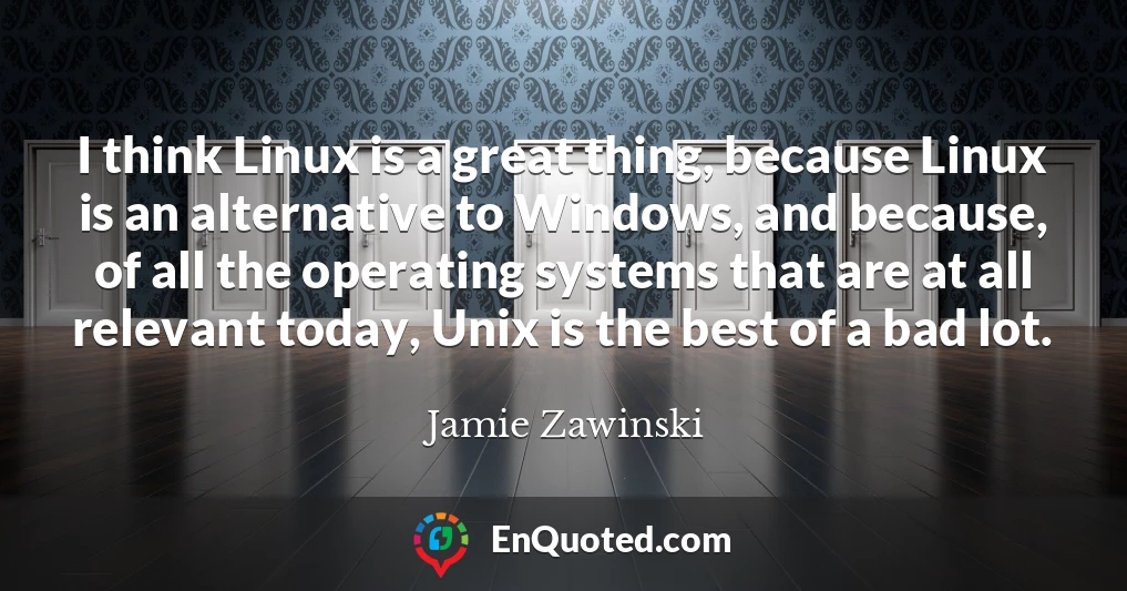 I think Linux is a great thing, because Linux is an alternative to Windows, and because, of all the operating systems that are at all relevant today, Unix is the best of a bad lot.