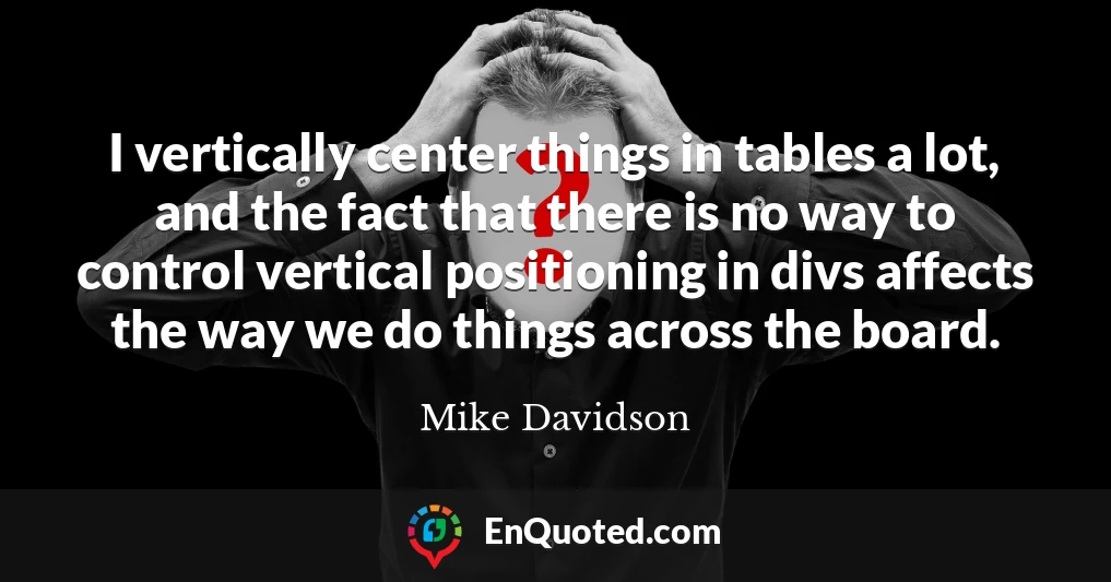 I vertically center things in tables a lot, and the fact that there is no way to control vertical positioning in divs affects the way we do things across the board. I vertically center things in tables a lot, and the fact that there is no way to control vertical positioning in divs affects the way we do things across the board.
