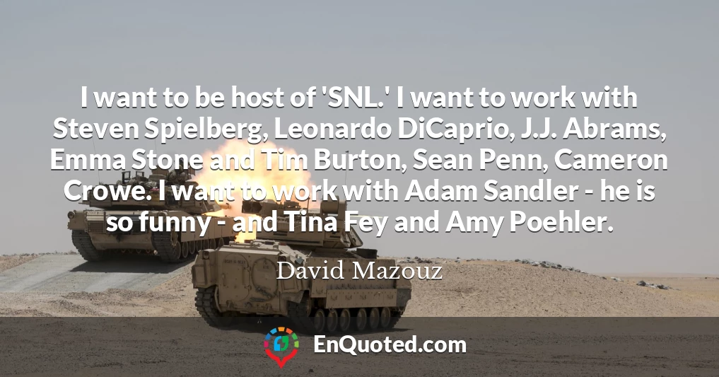 I want to be host of 'SNL.' I want to work with Steven Spielberg, Leonardo DiCaprio, J.J. Abrams, Emma Stone and Tim Burton, Sean Penn, Cameron Crowe. I want to work with Adam Sandler - he is so funny - and Tina Fey and Amy Poehler.
