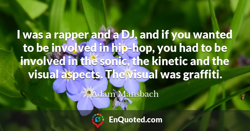 I was a rapper and a DJ, and if you wanted to be involved in hip-hop, you had to be involved in the sonic, the kinetic and the visual aspects. The visual was graffiti.