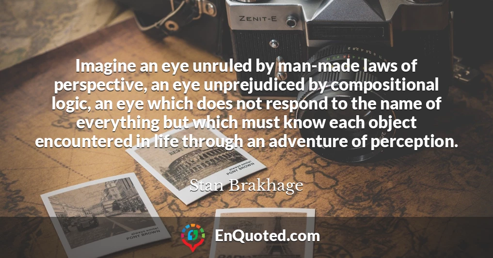 Imagine an eye unruled by man-made laws of perspective, an eye unprejudiced by compositional logic, an eye which does not respond to the name of everything but which must know each object encountered in life through an adventure of perception.