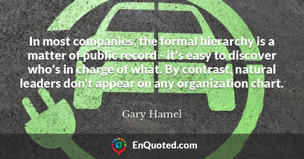 In most companies, the formal hierarchy is a matter of public record - it's easy to discover who's in charge of what. By contrast, natural leaders don't appear on any organization chart. In most companies, the formal hierarchy is a matter of public record - it's easy to discover who's in charge of what. By contrast, natural leaders don't appear on any organization chart.