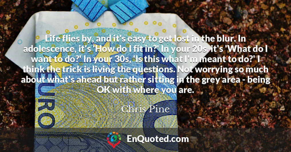 Life flies by, and it's easy to get lost in the blur. In adolescence, it's 'How do I fit in?' In your 20s, it's 'What do I want to do?' In your 30s, 'Is this what I'm meant to do?' I think the trick is living the questions. Not worrying so much about what's ahead but rather sitting in the grey area - being OK with where you are. Life flies by, and it's easy to get lost in the blur. In adolescence, it's 'How do I fit in?' In your 20s, it's 'What do I want to do?' In your 30s, 'Is this what I'm meant to do?' I think the trick is living the questions. Not worrying so much about what's ahead but rather sitting in the grey area - being OK with where you are.