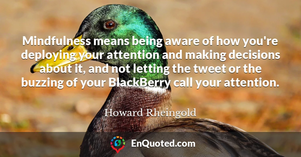 Mindfulness means being aware of how you're deploying your attention and making decisions about it, and not letting the tweet or the buzzing of your BlackBerry call your attention. Mindfulness means being aware of how you're deploying your attention and making decisions about it, and not letting the tweet or the buzzing of your BlackBerry call your attention.