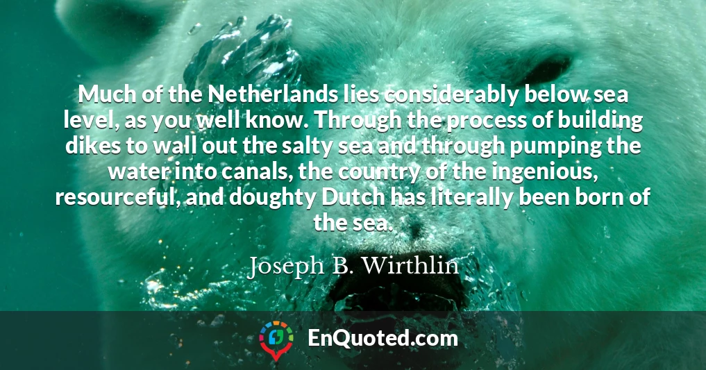 Much of the Netherlands lies considerably below sea level, as you well know. Through the process of building dikes to wall out the salty sea and through pumping the water into canals, the country of the ingenious, resourceful, and doughty Dutch has literally been born of the sea.