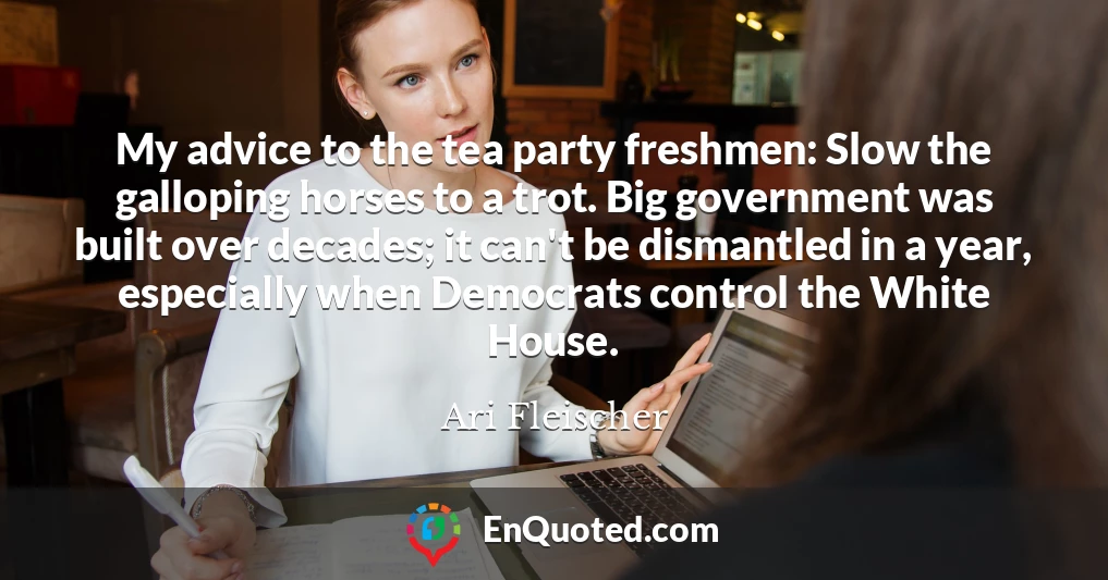 My advice to the tea party freshmen: Slow the galloping horses to a trot. Big government was built over decades; it can't be dismantled in a year, especially when Democrats control the White House.