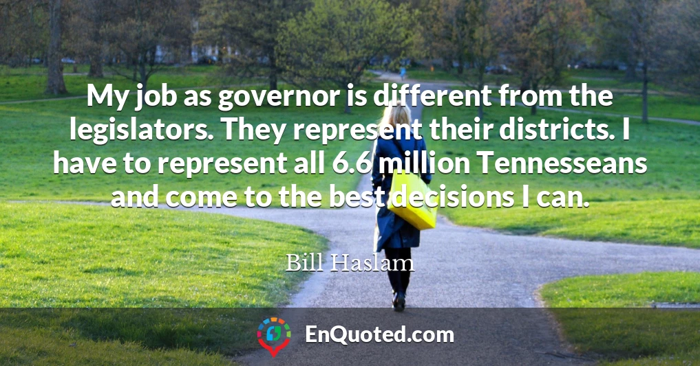 My job as governor is different from the legislators. They represent their districts. I have to represent all 6.6 million Tennesseans and come to the best decisions I can.