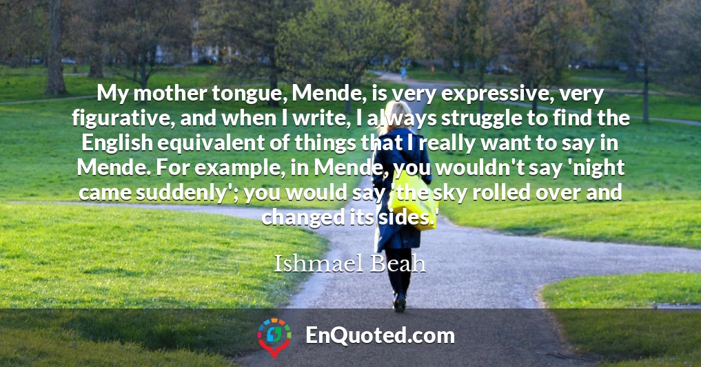 My mother tongue, Mende, is very expressive, very figurative, and when I write, I always struggle to find the English equivalent of things that I really want to say in Mende. For example, in Mende, you wouldn't say 'night came suddenly'; you would say 'the sky rolled over and changed its sides.'