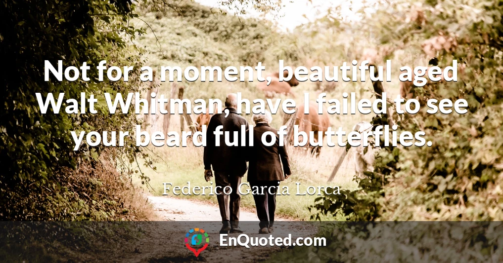 Not for a moment, beautiful aged Walt Whitman, have I failed to see your beard full of butterflies.