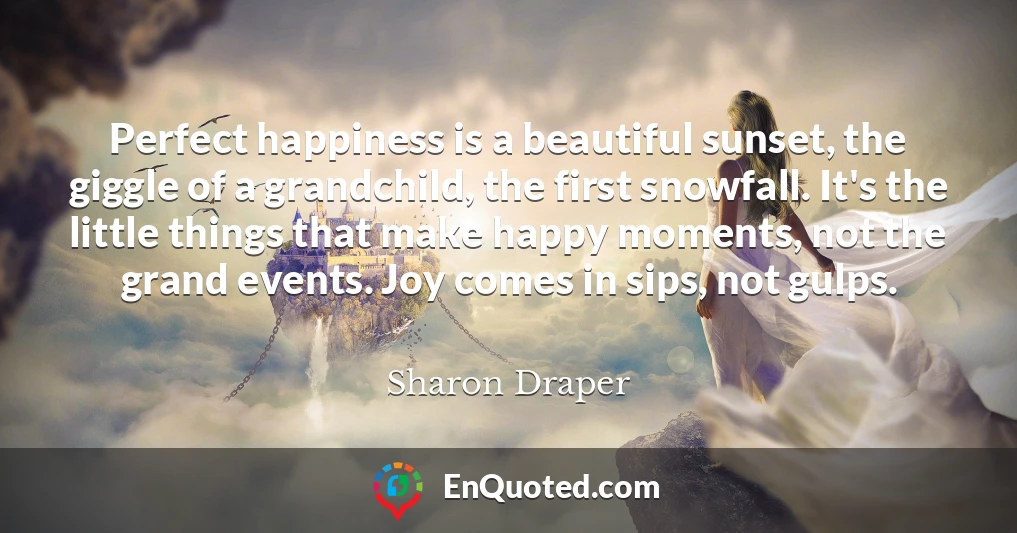 Perfect happiness is a beautiful sunset, the giggle of a grandchild, the first snowfall. It's the little things that make happy moments, not the grand events. Joy comes in sips, not gulps.
