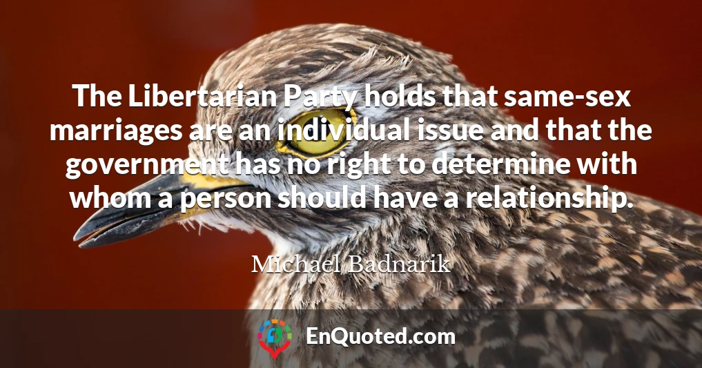 The Libertarian Party holds that same-sex marriages are an individual issue and that the government has no right to determine with whom a person should have a relationship.