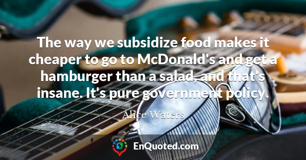 The way we subsidize food makes it cheaper to go to McDonald's and get a hamburger than a salad, and that's insane. It's pure government policy. The way we subsidize food makes it cheaper to go to McDonald's and get a hamburger than a salad, and that's insane. It's pure government policy.