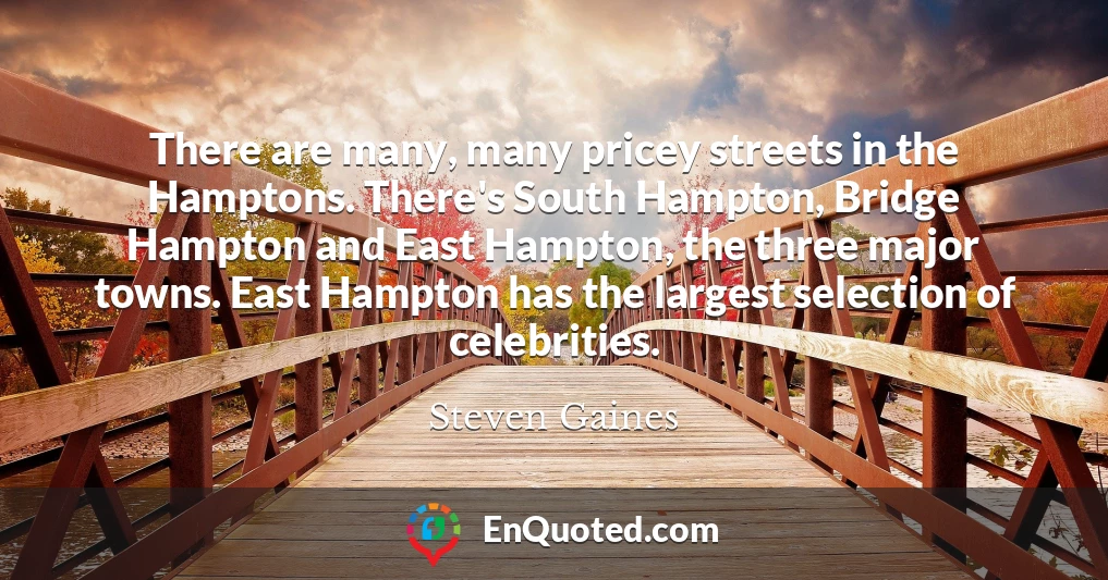 There are many, many pricey streets in the Hamptons. There's South Hampton, Bridge Hampton and East Hampton, the three major towns. East Hampton has the largest selection of celebrities.