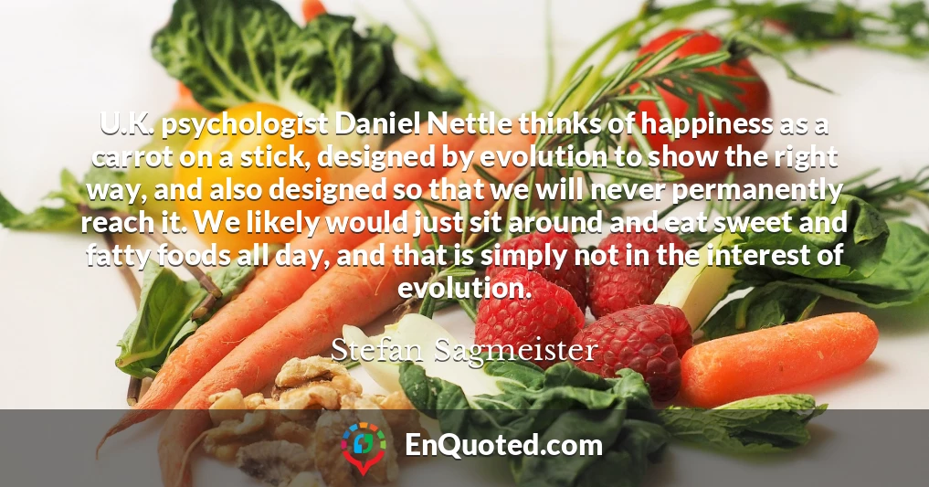 U.K. psychologist Daniel Nettle thinks of happiness as a carrot on a stick, designed by evolution to show the right way, and also designed so that we will never permanently reach it. We likely would just sit around and eat sweet and fatty foods all day, and that is simply not in the interest of evolution.