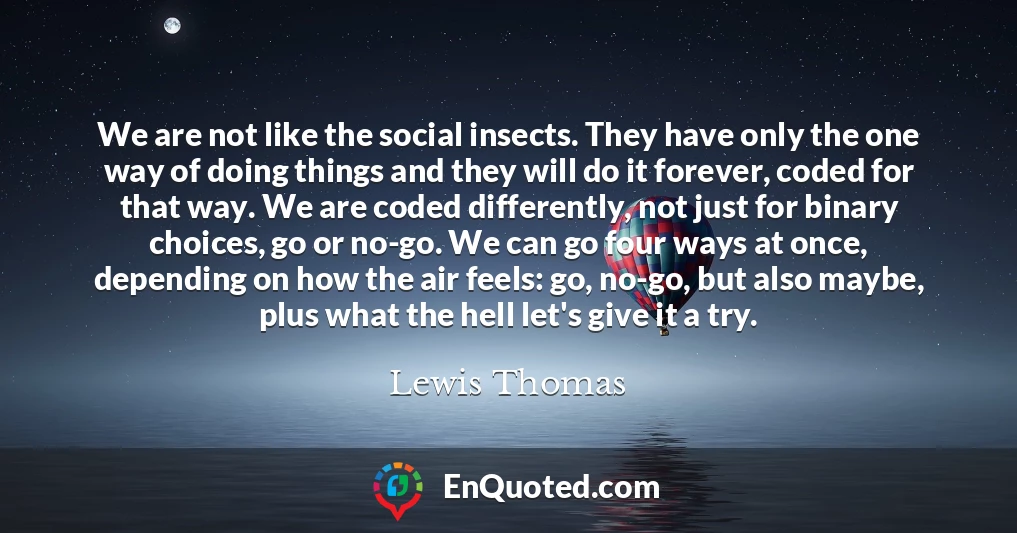 We are not like the social insects. They have only the one way of doing things and they will do it forever, coded for that way. We are coded differently, not just for binary choices, go or no-go. We can go four ways at once, depending on how the air feels: go, no-go, but also maybe, plus what the hell let's give it a try. We are not like the social insects. They have only the one way of doing things and they will do it forever, coded for that way. We are coded differently, not just for binary choices, go or no-go. We can go four ways at once, depending on how the air feels: go, no-go, but also maybe, plus what the hell let's give it a try.
