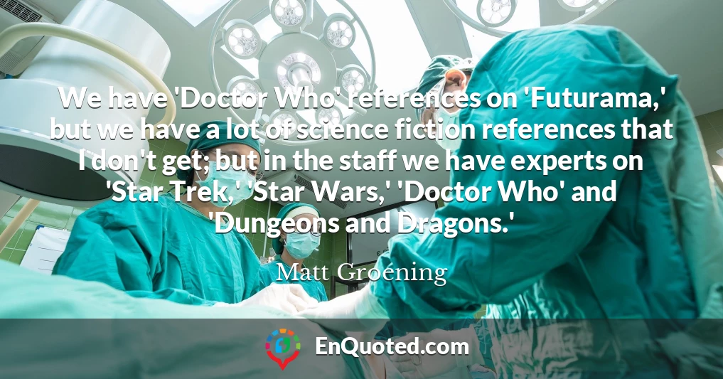 We have 'Doctor Who' references on 'Futurama,' but we have a lot of science fiction references that I don't get; but in the staff we have experts on 'Star Trek,' 'Star Wars,' 'Doctor Who' and 'Dungeons and Dragons.'