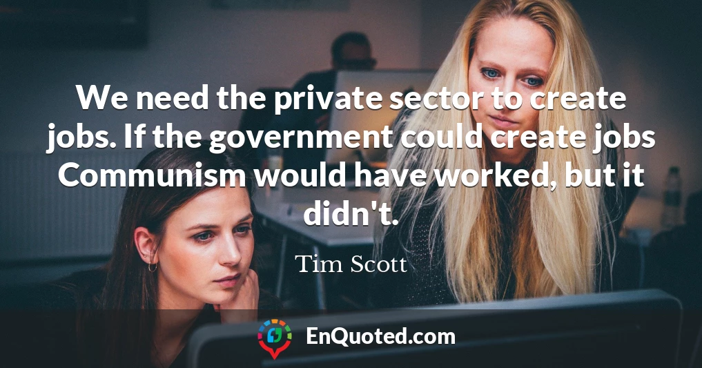 We need the private sector to create jobs. If the government could create jobs Communism would have worked, but it didn't.