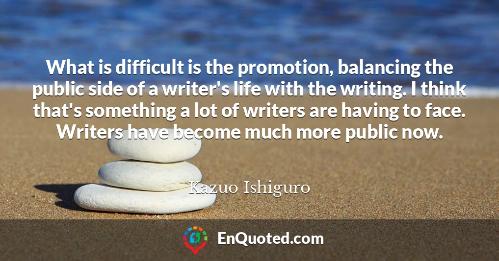 What is difficult is the promotion, balancing the public side of a writer's life with the writing. I think that's something a lot of writers are having to face. Writers have become much more public now. What is difficult is the promotion, balancing the public side of a writer's life with the writing. I think that's something a lot of writers are having to face. Writers have become much more public now.