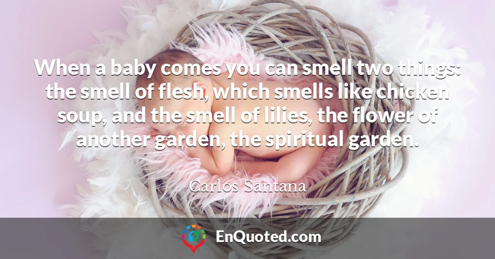 When a baby comes you can smell two things: the smell of flesh, which smells like chicken soup, and the smell of lilies, the flower of another garden, the spiritual garden.