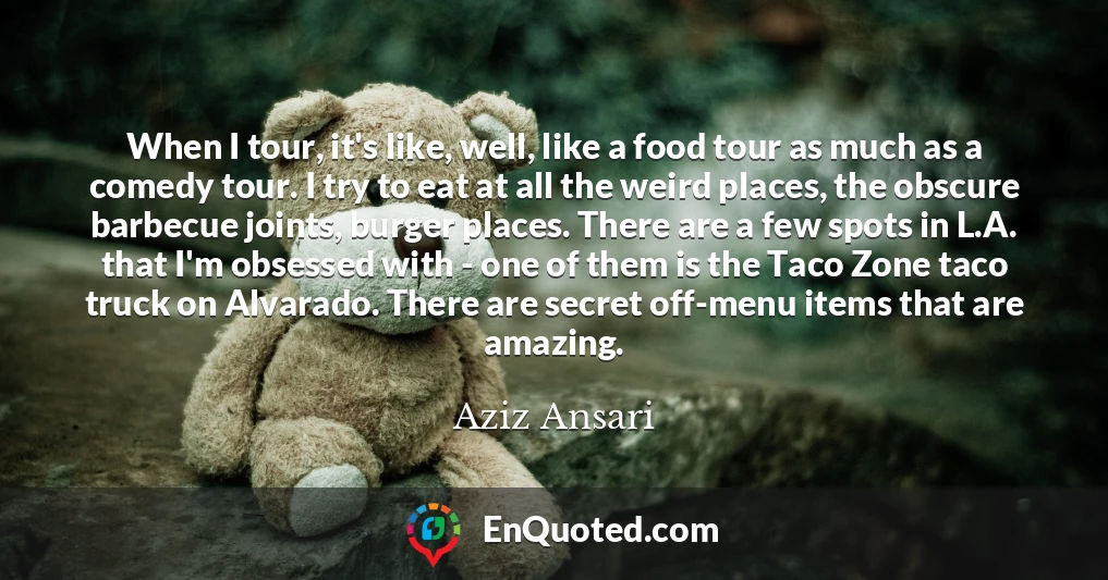 When I tour, it's like, well, like a food tour as much as a comedy tour. I try to eat at all the weird places, the obscure barbecue joints, burger places. There are a few spots in L.A. that I'm obsessed with - one of them is the Taco Zone taco truck on Alvarado. There are secret off-menu items that are amazing.