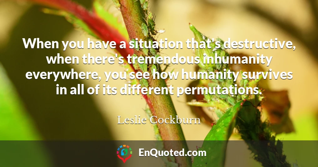 When you have a situation that's destructive, when there's tremendous inhumanity everywhere, you see how humanity survives in all of its different permutations. When you have a situation that's destructive, when there's tremendous inhumanity everywhere, you see how humanity survives in all of its different permutations.