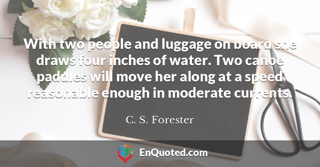 With two people and luggage on board she draws four inches of water. Two canoe paddles will move her along at a speed reasonable enough in moderate currents.