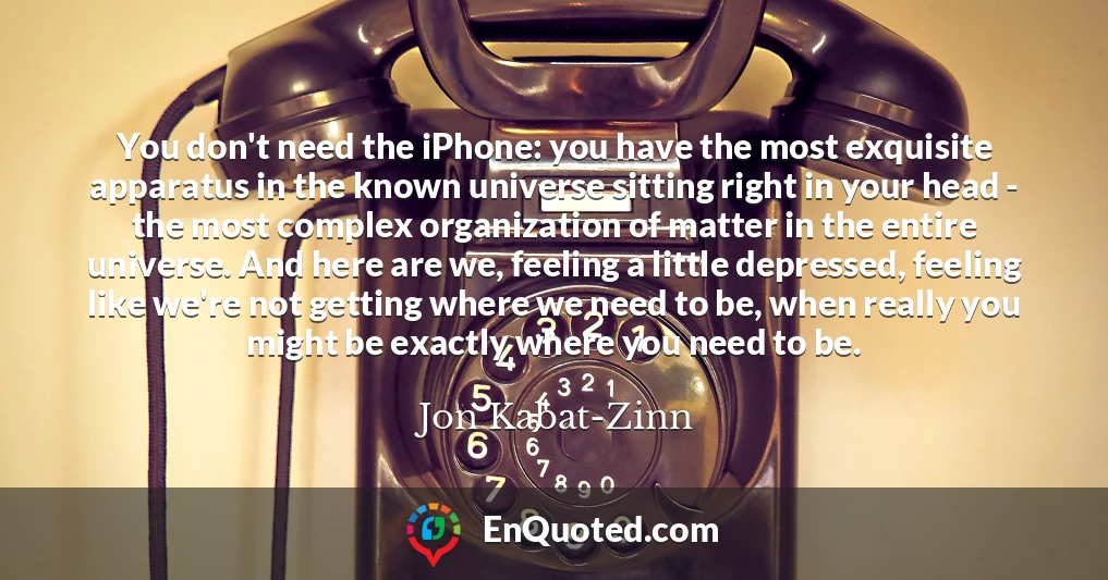 You don't need the iPhone: you have the most exquisite apparatus in the known universe sitting right in your head - the most complex organization of matter in the entire universe. And here are we, feeling a little depressed, feeling like we're not getting where we need to be, when really you might be exactly where you need to be.