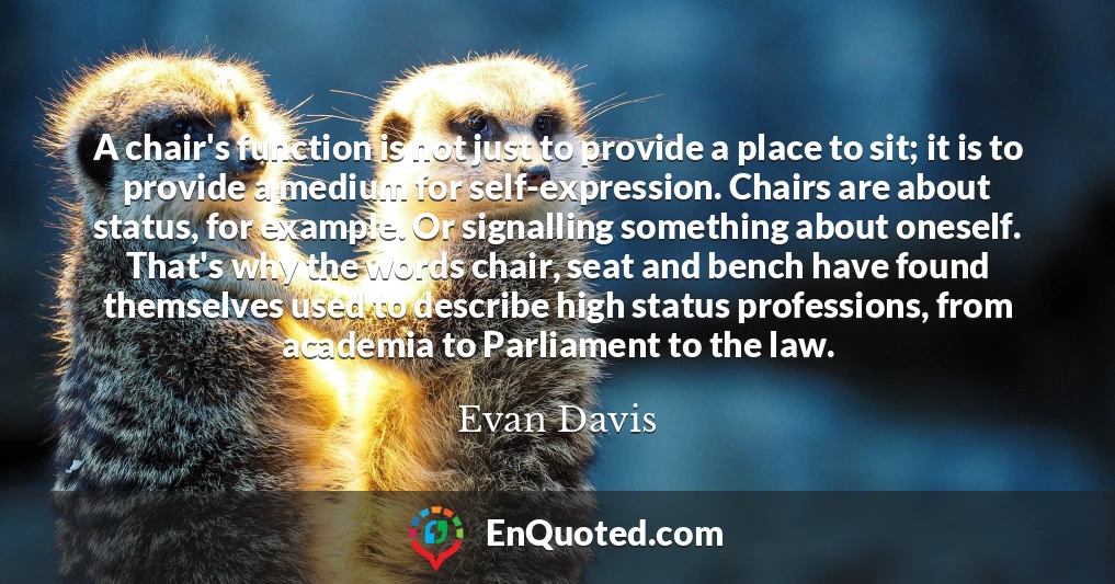 A chair's function is not just to provide a place to sit; it is to provide a medium for self-expression. Chairs are about status, for example. Or signalling something about oneself. That's why the words chair, seat and bench have found themselves used to describe high status professions, from academia to Parliament to the law.
