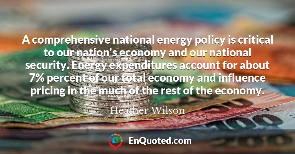 A comprehensive national energy policy is critical to our nation's economy and our national security. Energy expenditures account for about 7% percent of our total economy and influence pricing in the much of the rest of the economy.