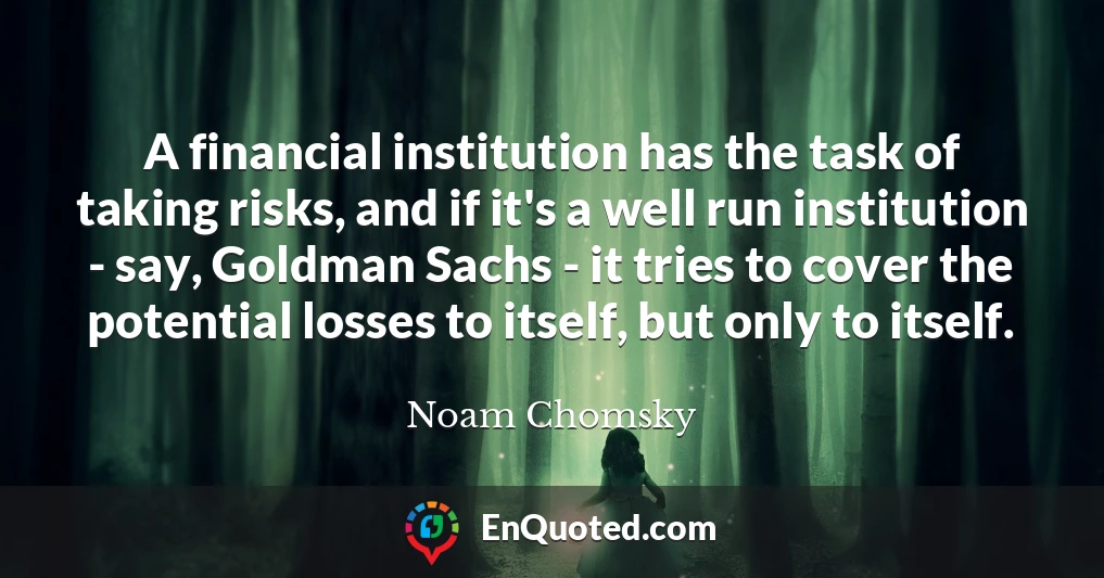 A financial institution has the task of taking risks, and if it's a well run institution - say, Goldman Sachs - it tries to cover the potential losses to itself, but only to itself.