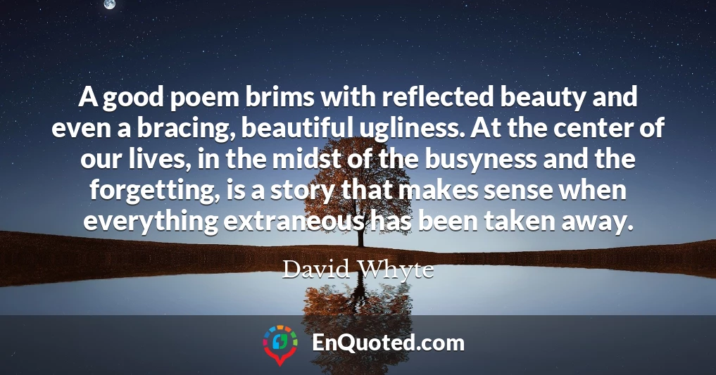 A good poem brims with reflected beauty and even a bracing, beautiful ugliness. At the center of our lives, in the midst of the busyness and the forgetting, is a story that makes sense when everything extraneous has been taken away.